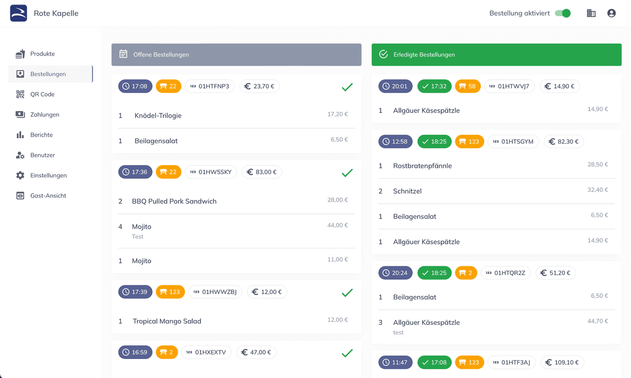 Bestellübersicht und Zubereitung